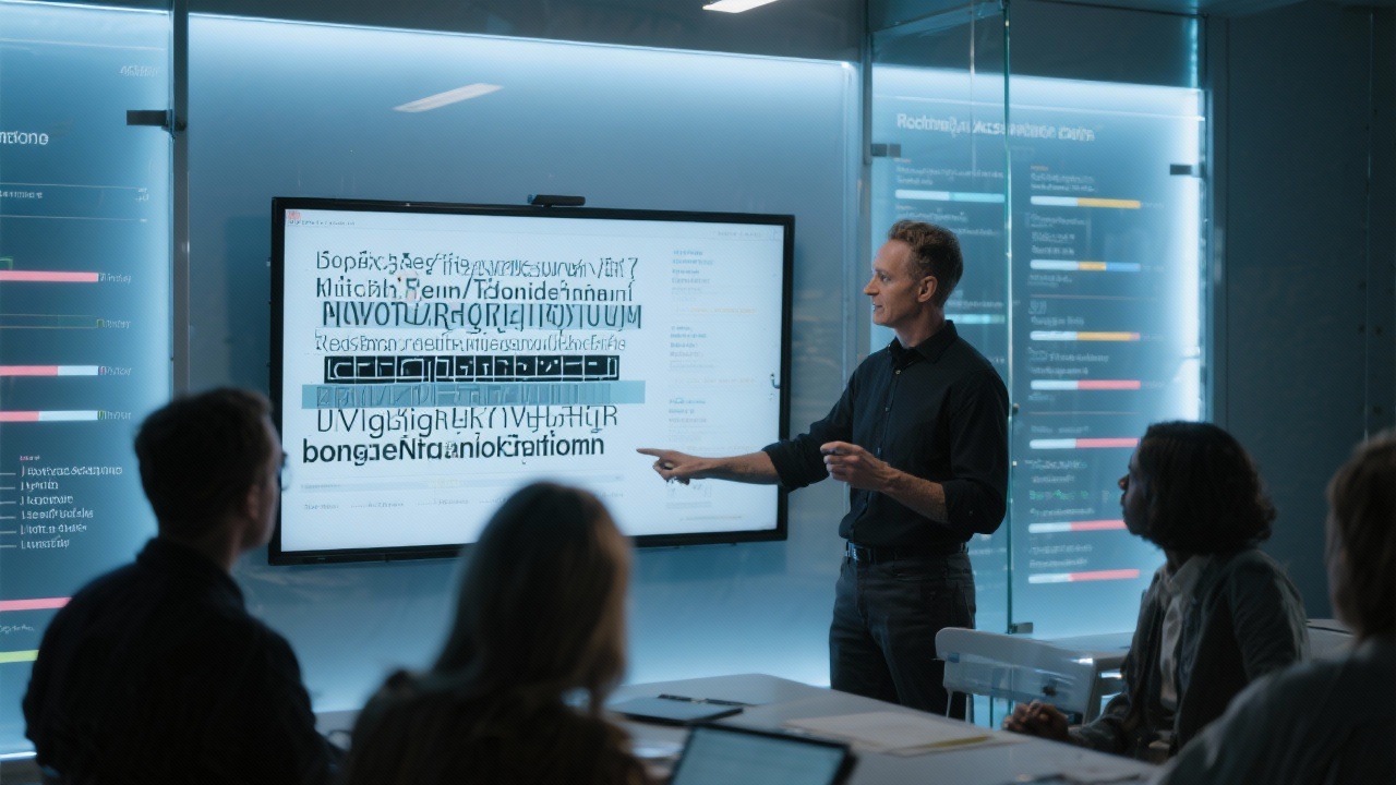 Educator presenting layered typographic system on interactive screen while participants analyse rhythm and accessibility benchmarks documented on illuminated glass panels.