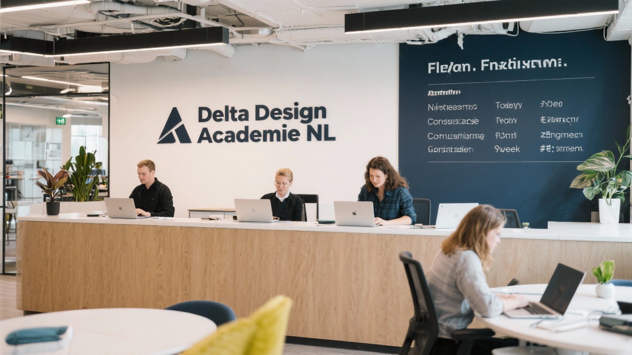 Flexible workspace reception in Rotterdam with signage for Delta Design Academie NL and staff preparing laptops for remote consultations scheduled throughout the week.