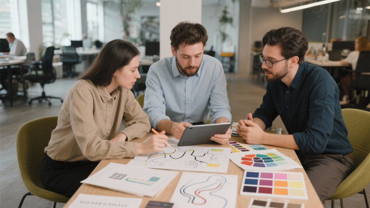 Three creative professionals collaborating over printed brand style tiles and color swatches while discussing vector illustration paths on a tablet in a modern co-working hub.