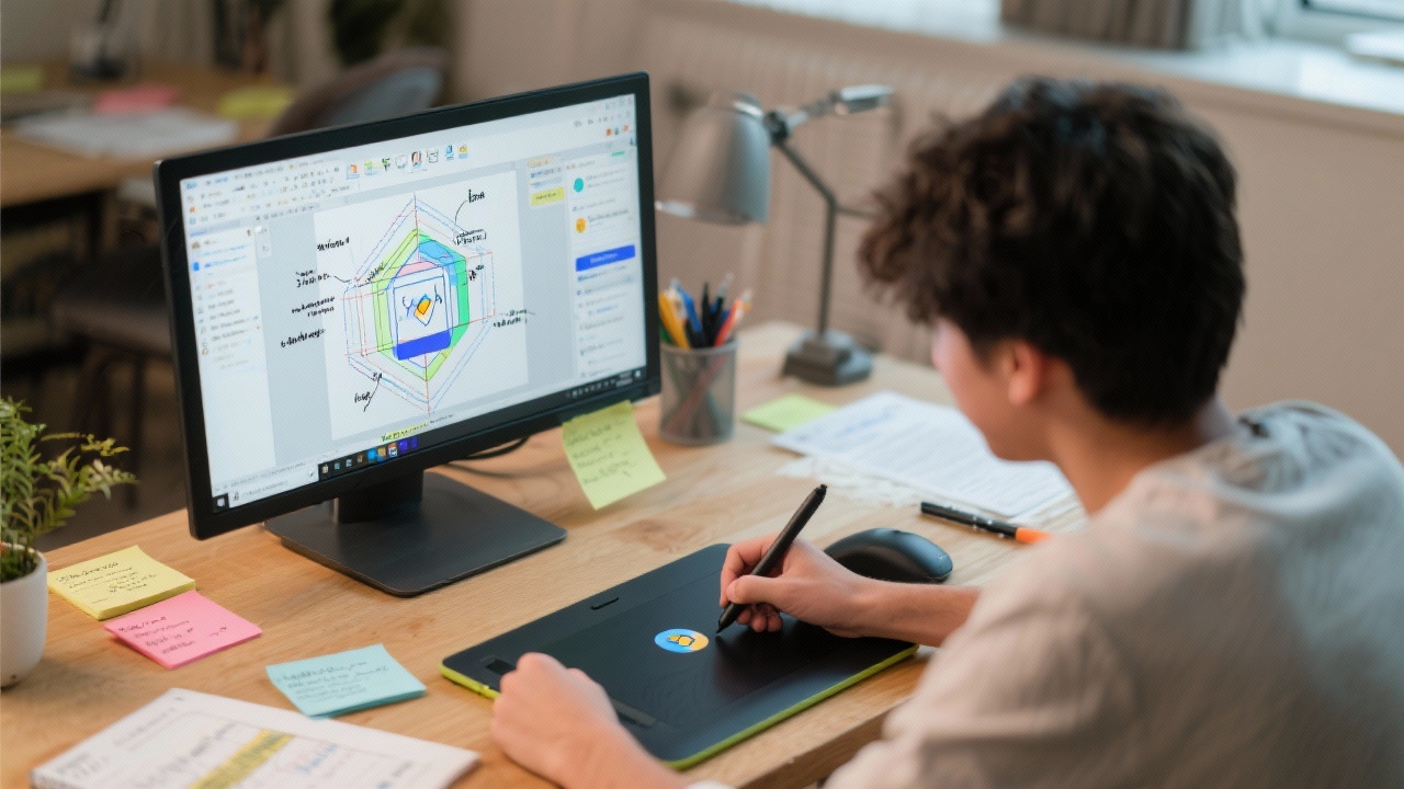 Student using pen tablet to refine icon micro-interactions during a remote design sprint with annotated vector layers open on screen and workflow notes on desk.