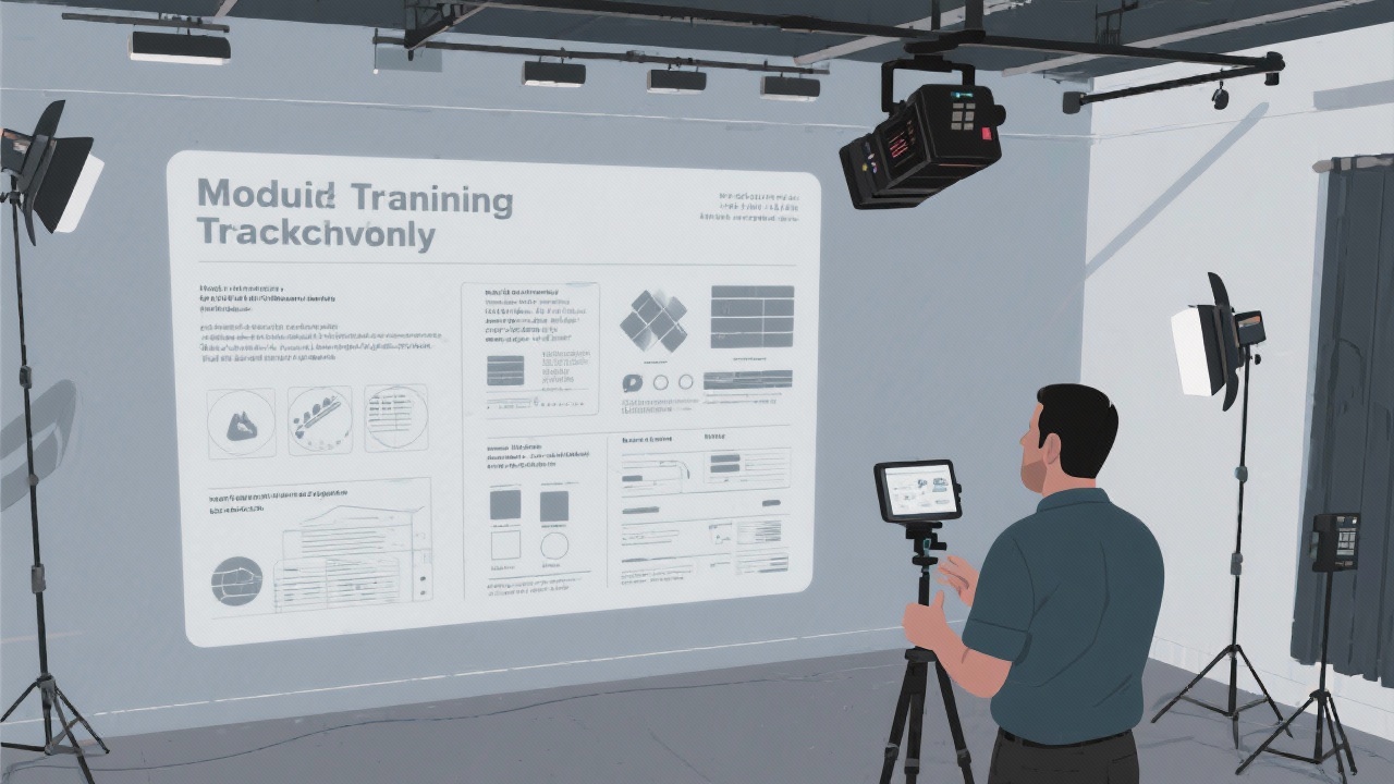 Instructor recording modular training walkthrough with overhead camera as vector assets and typographic guidelines are projected onto a large studio wall for remote students.