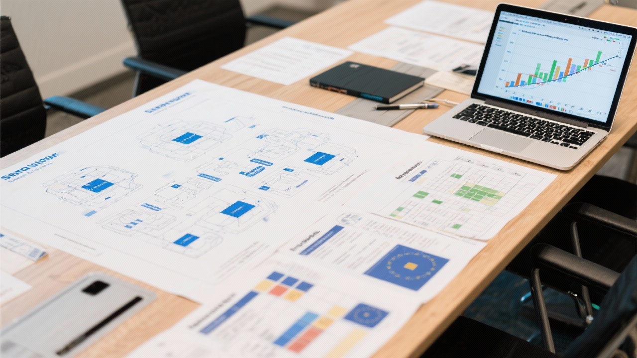 Strategic planning table with printed service blueprints, capability matrices, and a laptop showing Gantt charts for integrating new design operations across European agencies.