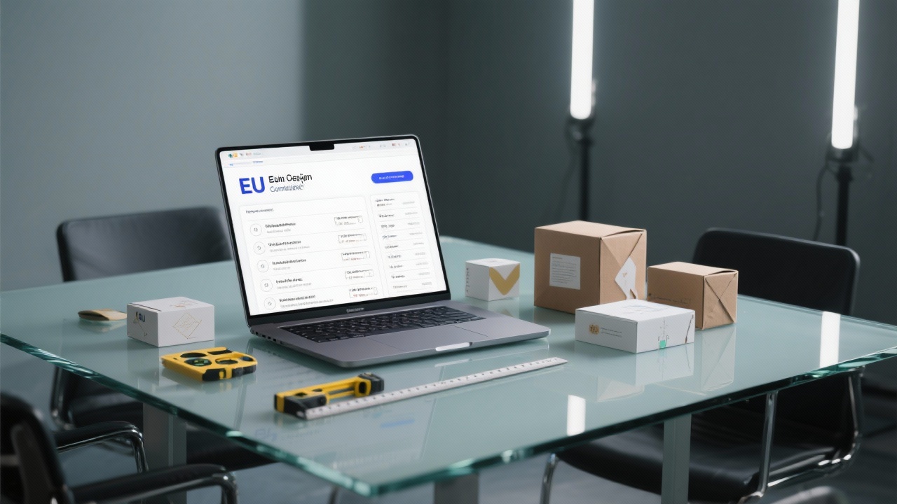 Open laptop showing EU design compliance checklist alongside tangible packaging prototypes and measurement tools on a glass meeting table under studio lights.